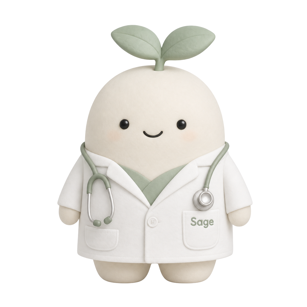 Sage, a smiling cream-coloured companion with a leafy sprout and a white coat